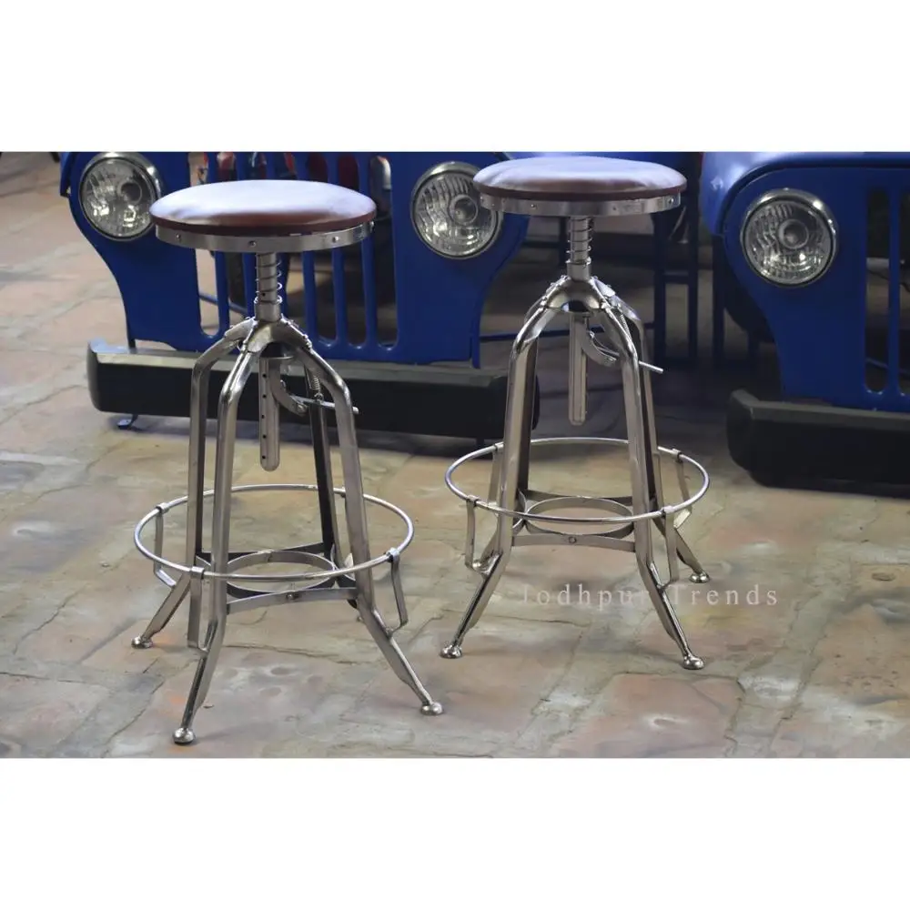 Industrial & Vintage Iron Leather Bar Stool / Industrial Pouffe Stool