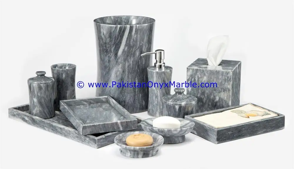 Modern Design marble bathroom accessories set gray tumbler, tooth brush, tissue box, holder, soap pump, dish, dustbin, tray