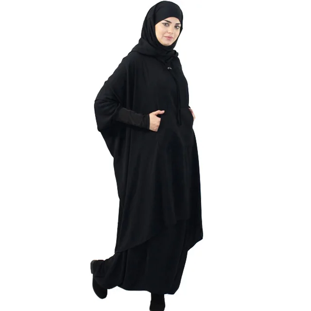 Moderne Muslim Modern Fashion Black Jilbab Hooded Two Piece Women Wool Peach Adults Middle East PK XS to XL 10 Pcs D-15