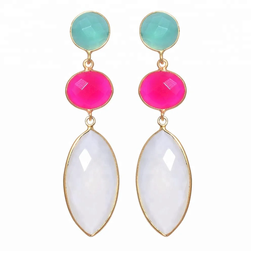 Charming Party Gold Plated Wedding Natural Multi Chalcedony Gemstone 925 Sterling Silver Drop Long Women Fashion Earring Jewelry