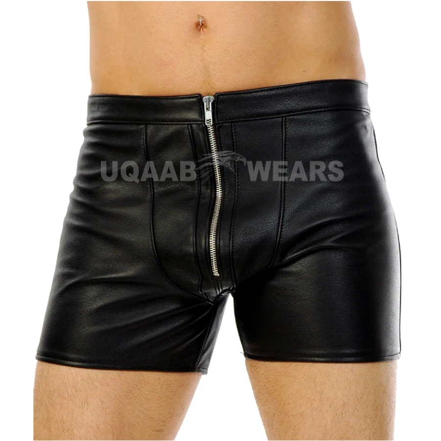 Men Leather Shorts Real Genuine Soft Leather Front Zip Fetish Sexy Boxer Shorts Club wear Bluf Gay Short OEM Wholesale