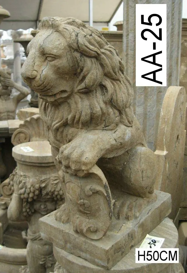 natural stone carved sitting lion, small marble lion, antique stone lion