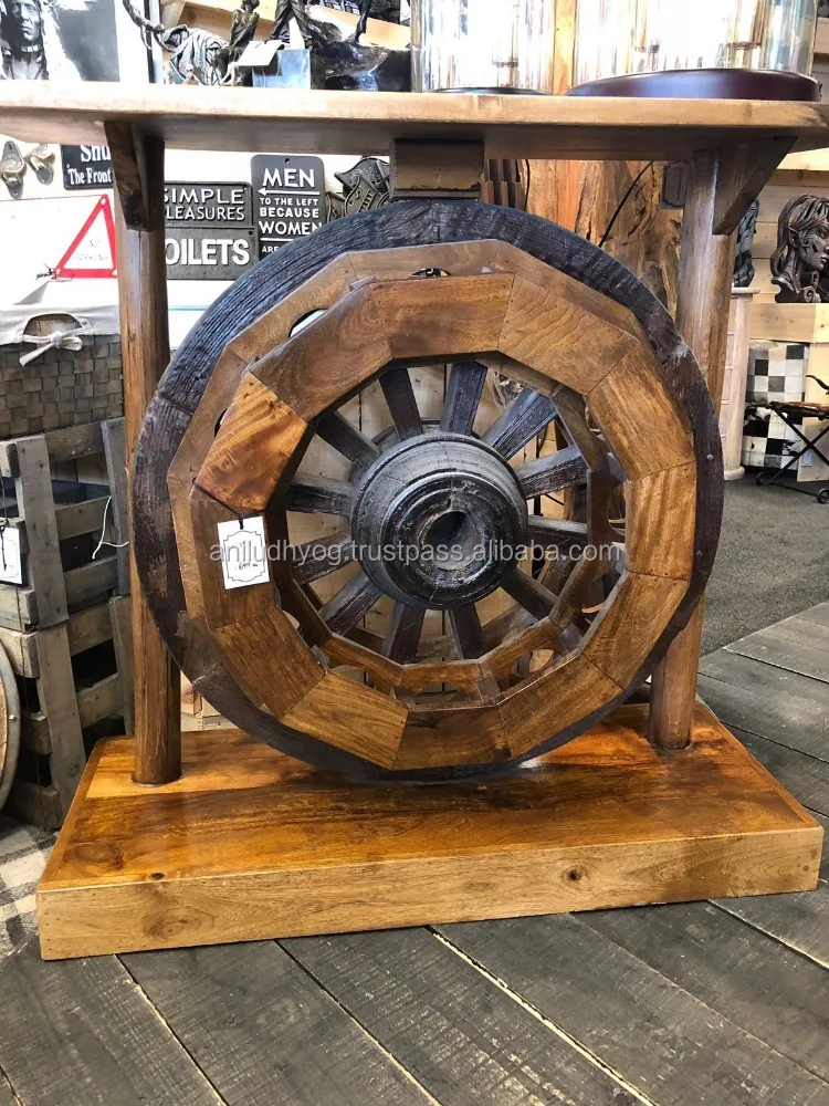 Living room Wooden Cart Wheel console Table