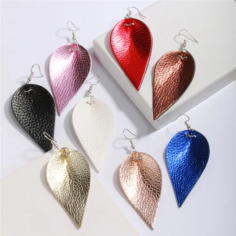 Fashion Handmade Bohemia  Leaf Hoop Earrings Lightweight Sequins Tear Drop Dangle Leaf Leather Earrings
