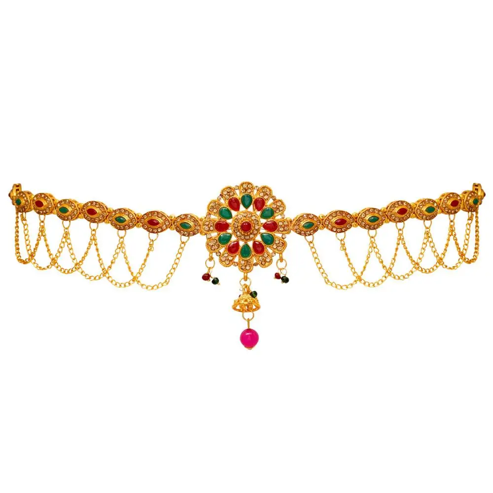 Glamorous Indian Jewellery Maroon & Green Color Glass Stone Kamarband Waist Chain