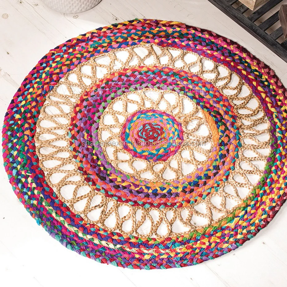 Jute Cotton Braided Floor Mat Multi Colored Handmade Jute Rug Boho Round