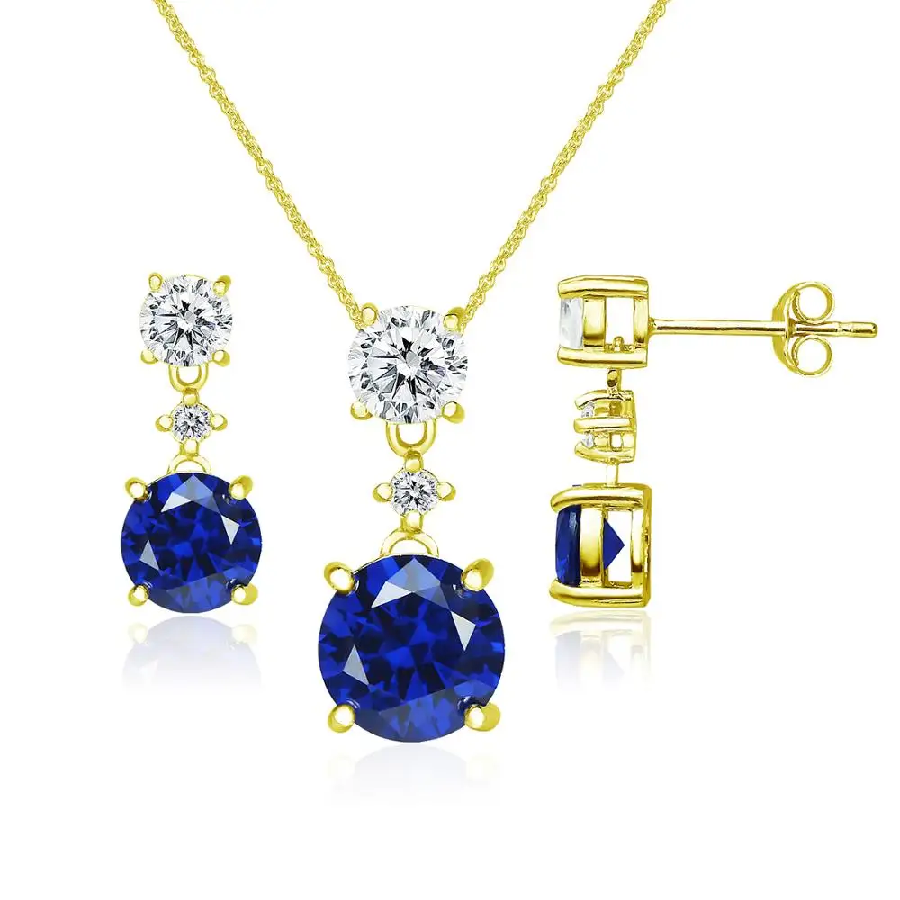 
925 Sterling Silver White Topaz & Synthetic Blue Sapphire Double Round Stud Earrings & Necklace Set 