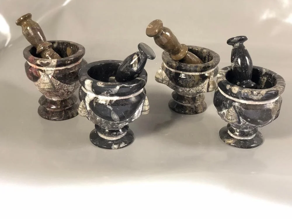 
High Quality Natural Fossils handmade engraved Mortar pestle 