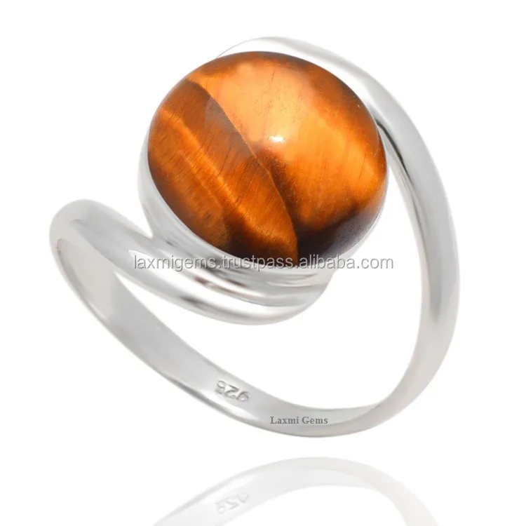 Men Women Oval Round Pear India Natural Gemstone Stone Cabochon 925 Sterling Silver Tiger Eye Ring