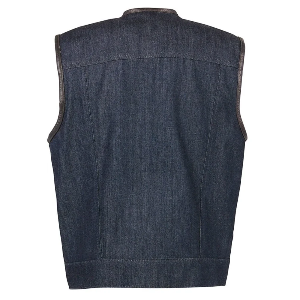 New Men Style Of Denim Biker Club Vest Wth Real Leather Trim Custom Design Men Black Leather Vest Custom Logo Motorcycle Biker