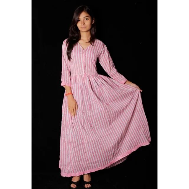 Very Fine Stripe Hand Block Cotton Ethnic Dress Summer Women Clothing Wholesale
