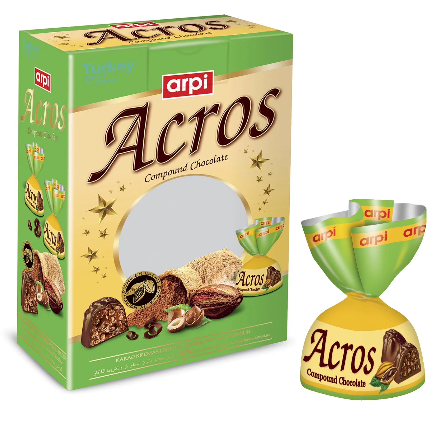 
Acros: Compound Chocolate Filled With Cocoa Cream and Crispy Rice 2 KG Box 4 Colors 