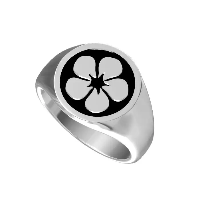 S925 flower vinca men signet ring black enamel jewelry silver custom logo stamp printing ring for unisex