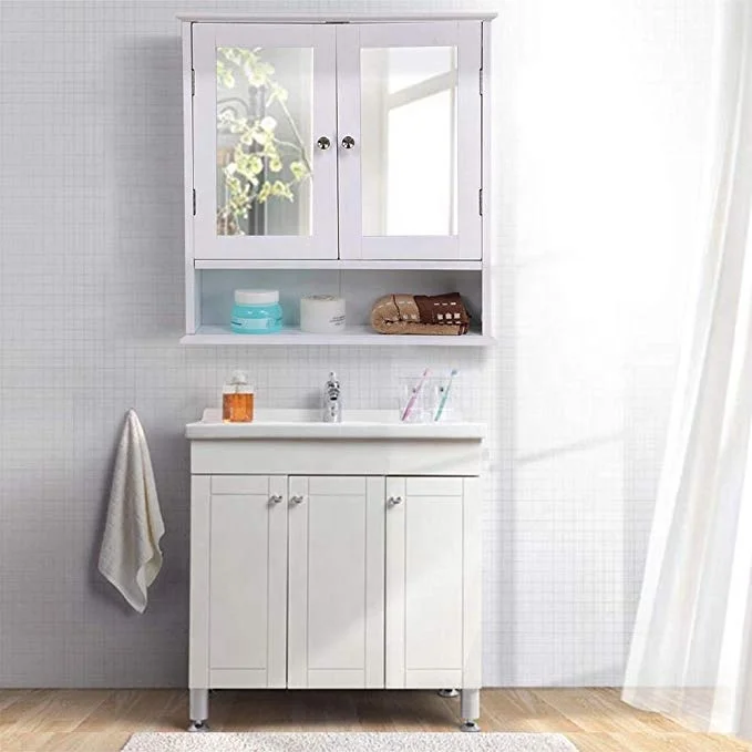 Cabinets Wooden Bathroom Wall Cabinet with Double Mirror Doors Adjustable Shelf White