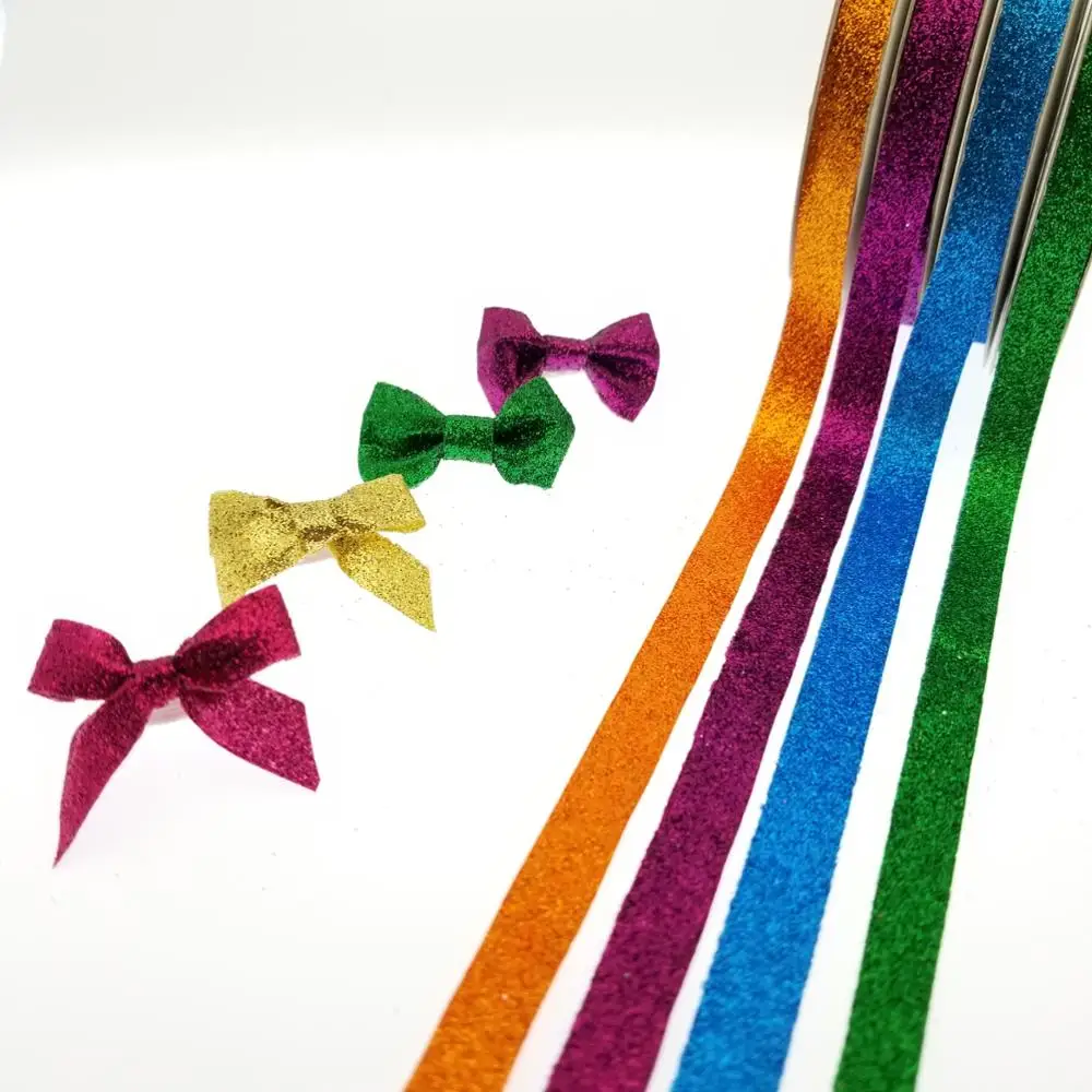 Pre tie ribbon bow fancy multi color glitter with elastic band for perfume bottle and wine bottle