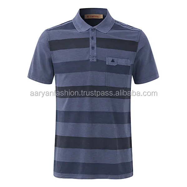 Cotton Stripe Printed Turn-down Collar Short Sleeve Casual Business Polo Shirt for Men