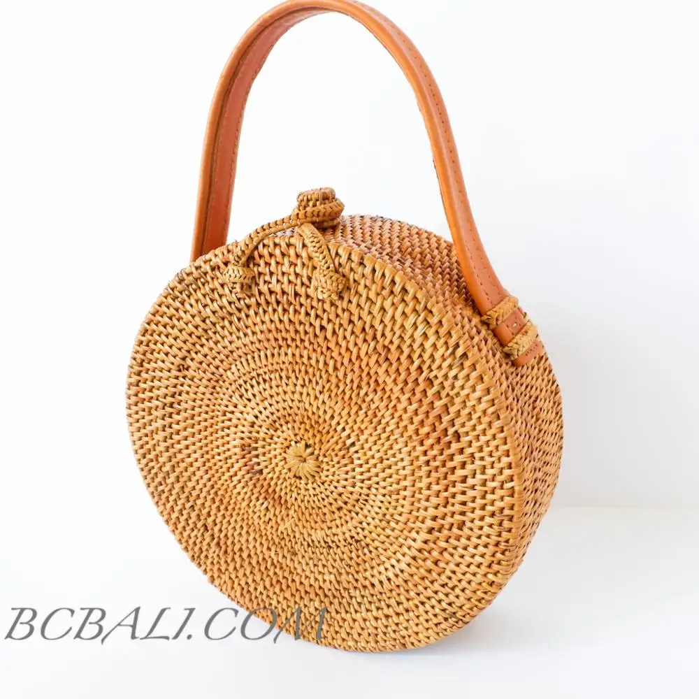 Fob Price Wholesale Tote Straw Rattan Circle Round Clutch Bag Handwoven Handmade Natural Leather Handle Bali Design