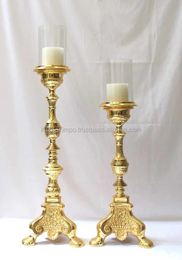 Centerpiece Candle Holder Funnel Tripod Candelabra, Set of 2, Wedding/home Decoration with Glass Beautiful Baroque Emboss Golden