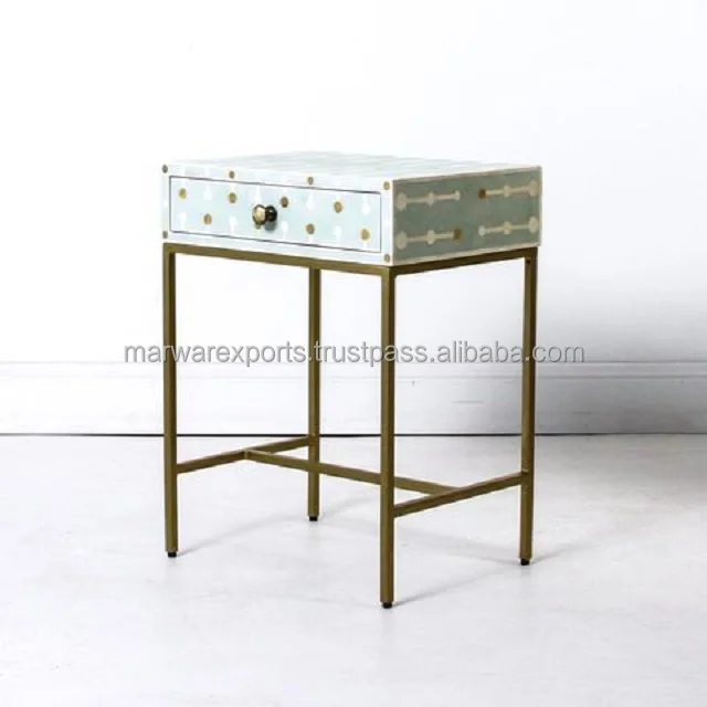 Luxury Bone Inlay Bed Side Table with iron stand Bone inlay Modern console table Trendy Coffee Table with Floral Style