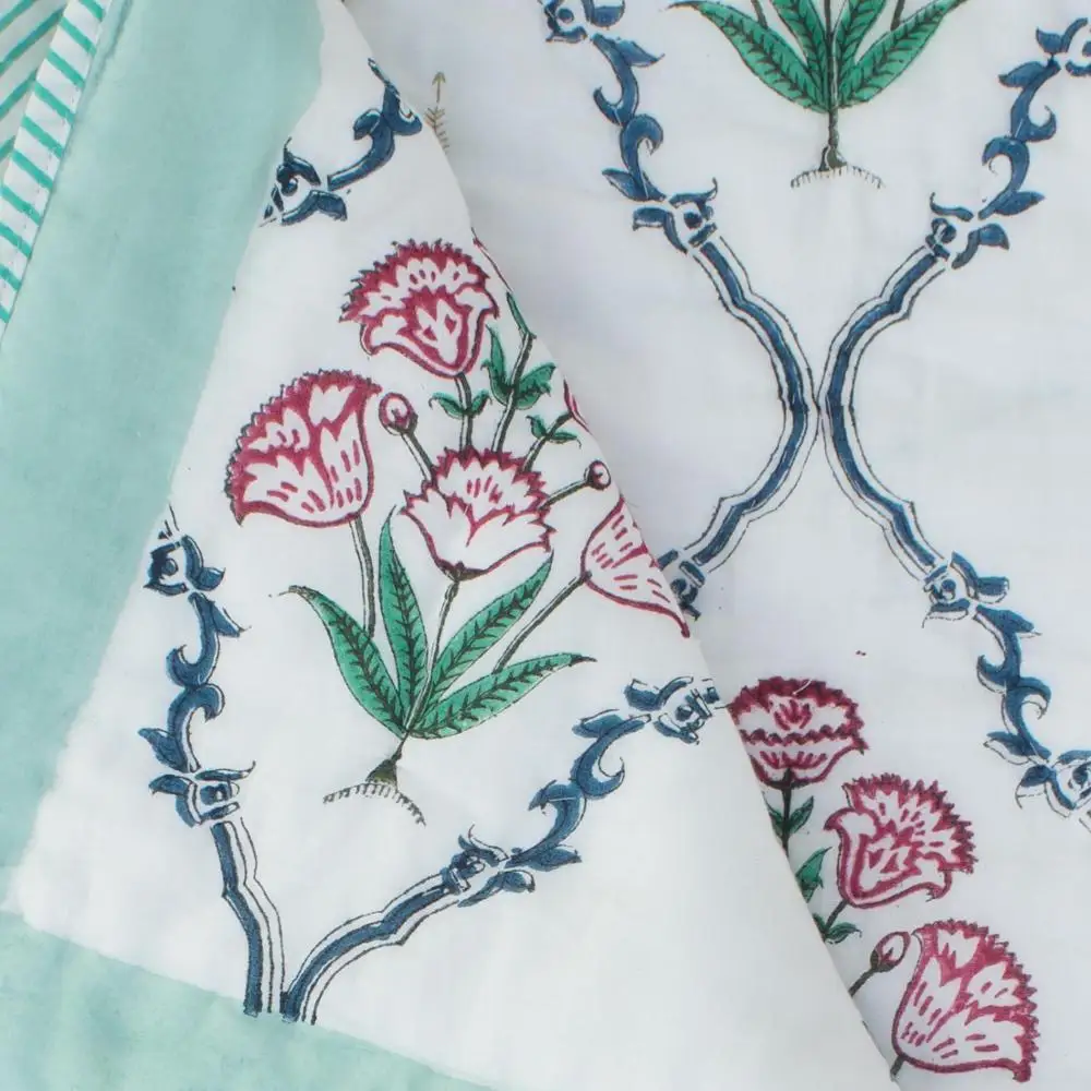 Cotton soft red printed  hand block print boho Jaipuri Rajai double bedspread quilt