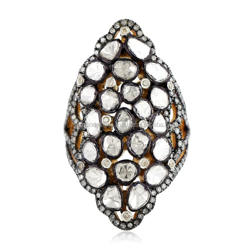 Rose Cut Diamond Long Ring 18k Gold Ring 925 Sterling Silver Handmade Jewelry Gift