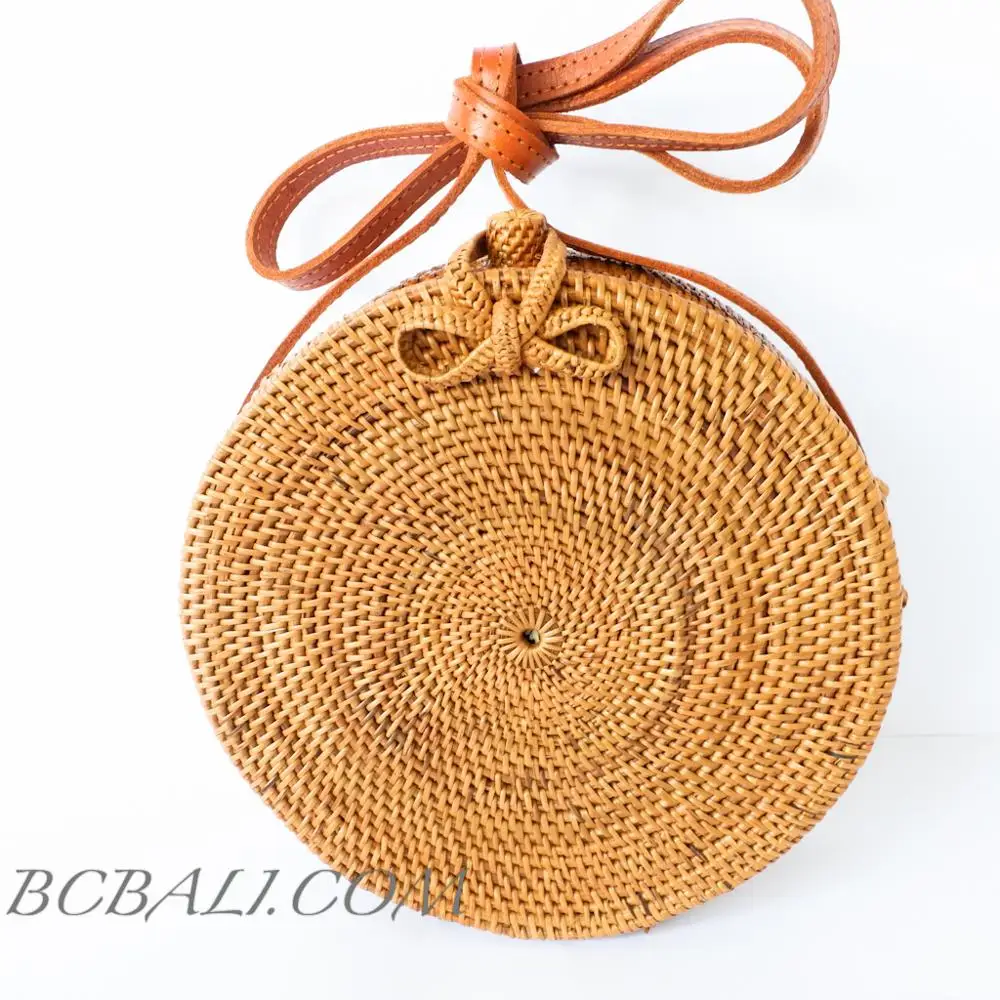 Wholesale Price FOB Circle Round Straw Full Ate Rattan Bags Rebon with Leather Strap Full Handmade Handwoven Balinese Design