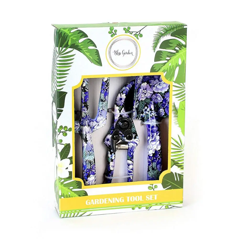 C&C 3 Piece Gardening Tool Set - Purple Floral Print Vegetable Flower Gardening Tool Kit Hand Trowel Rake and Pruning Shears