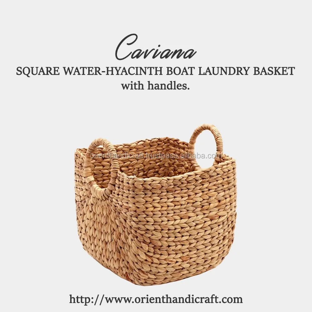 CAVIANA Handmade Natural Square Water-hyacinth Boat Laundry Basket with Handles Decor For House