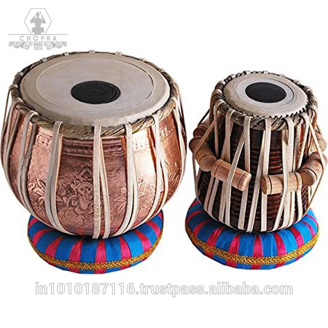 
Tabla Ganesha Copper Lord Drum Set, Professional Decorative Bayan, Best Handmade Dayan with, Hammer, Cushions & Box 
