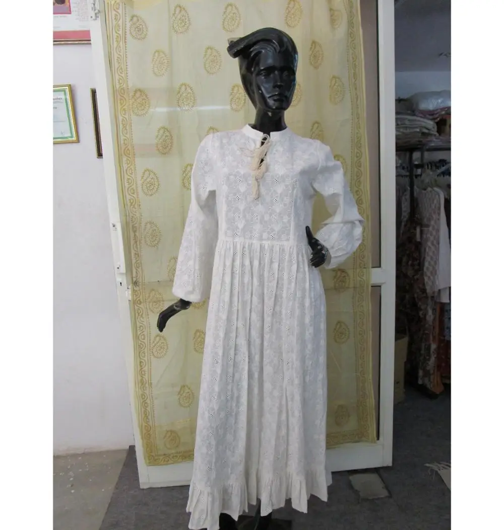 karni cotton white embroidered collar neck maxi gown dress