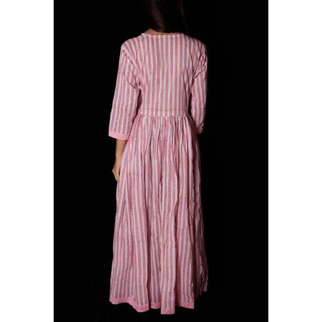 Very Fine Stripe Hand Block Cotton Ethnic Dress Summer Women Clothing Wholesale
