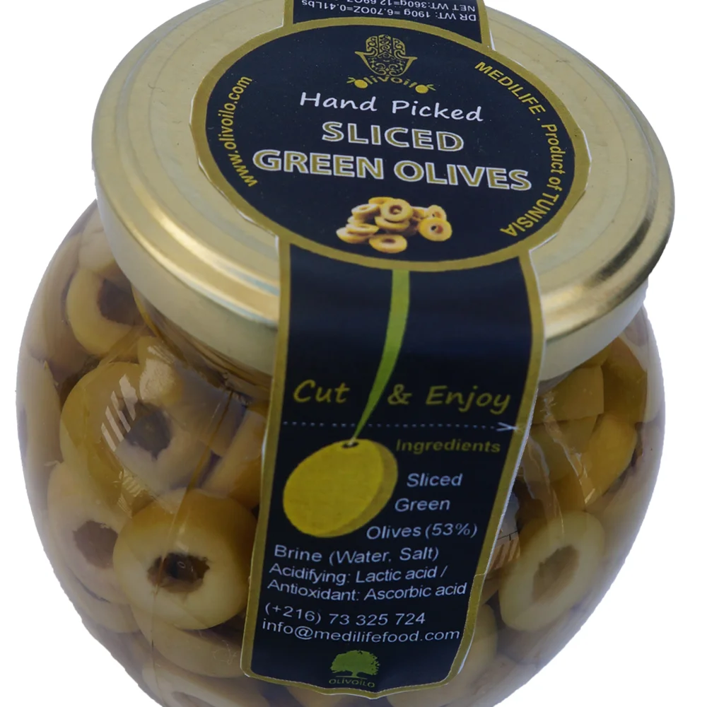 
 Зеленые оливки в горошек, оливки высокого качества 100%, стеклянная банка 370 мл  