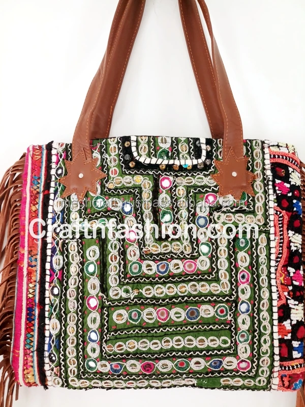 Banjara Shoulder Bag with Fringe- Bohemian Vintage Banjara Leather Tote- Indian Hippie Boho gypsy mirror work bag- Exclusive bag
