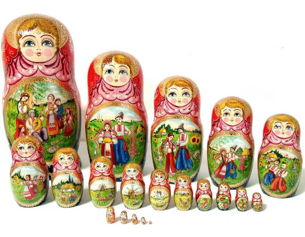 Large Size Summer Style Country Life Images Nesting Dolls Russian Dolls That Fit Inside Each Other Handmade Wooden Art Set 20 pc