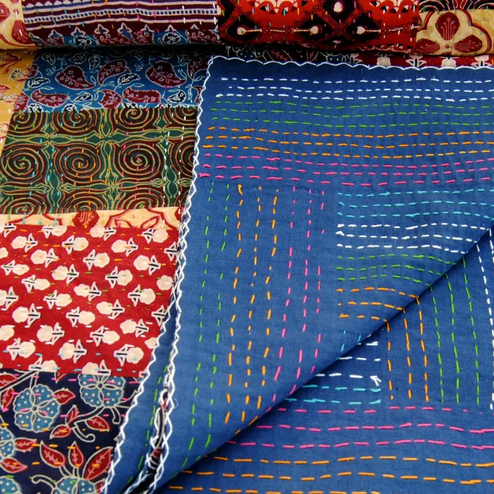 Patchwork Quilt Hand Block Print Kantha Cotton Multi Color Gidari Indian New Print Durable Light Weight Bedspread Wholesale