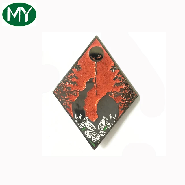 Custom made glitter badge gold hard enamel pins with chain