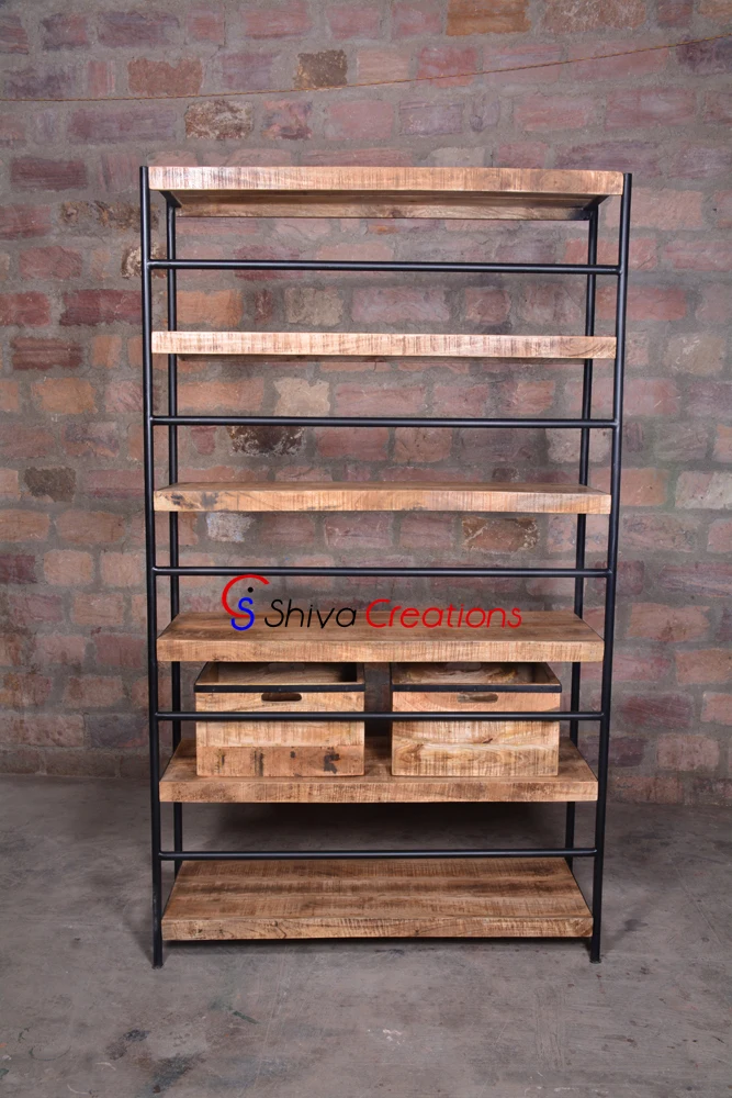 Rustic Metal Wood Bookshelf Antiqued Vintage Industrial Shelves Storage Bookcase