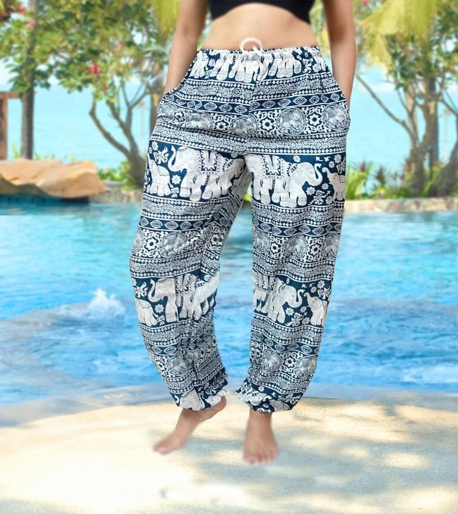 oriental fisherman RETRO INDIE HIPPIE BOHO yoga relax POLKA DOT thai art elephant print DRAWSTRING RAYON Harem PANTS