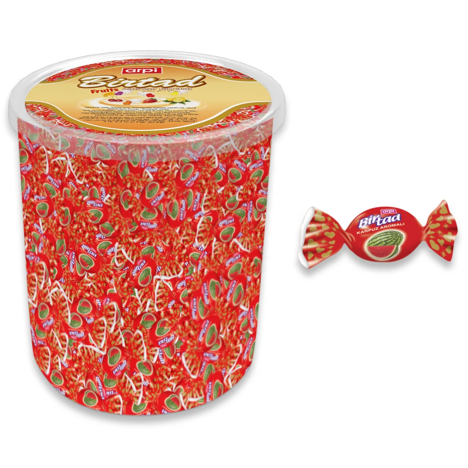 
Birtad Soft (Chew) Candy Filled with Fruit Flavor Syrup 1 KG Transparent Plastic PVC Jar 