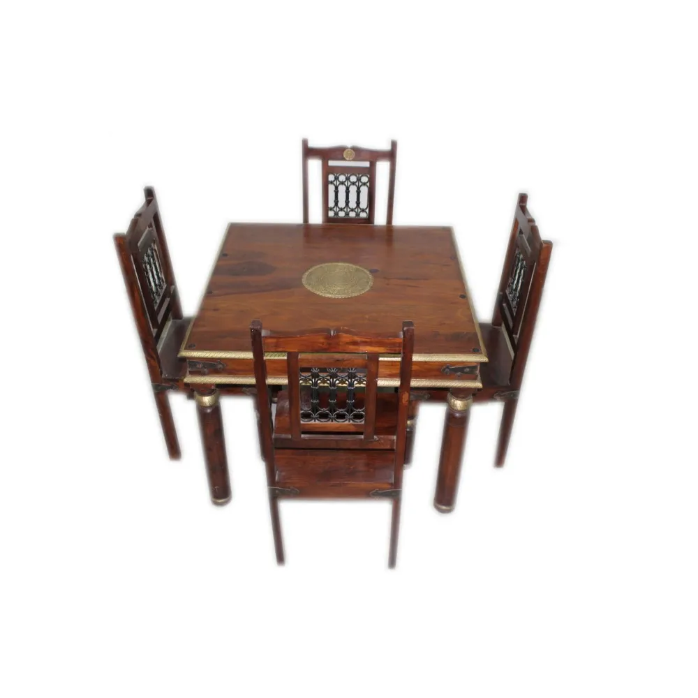 Wooden Brass Fitted Newly Design Dining Table Set With 4 Chairs (Set Of 5 Pcs) For Kitchen / Dining Room Antique Furniture Sets