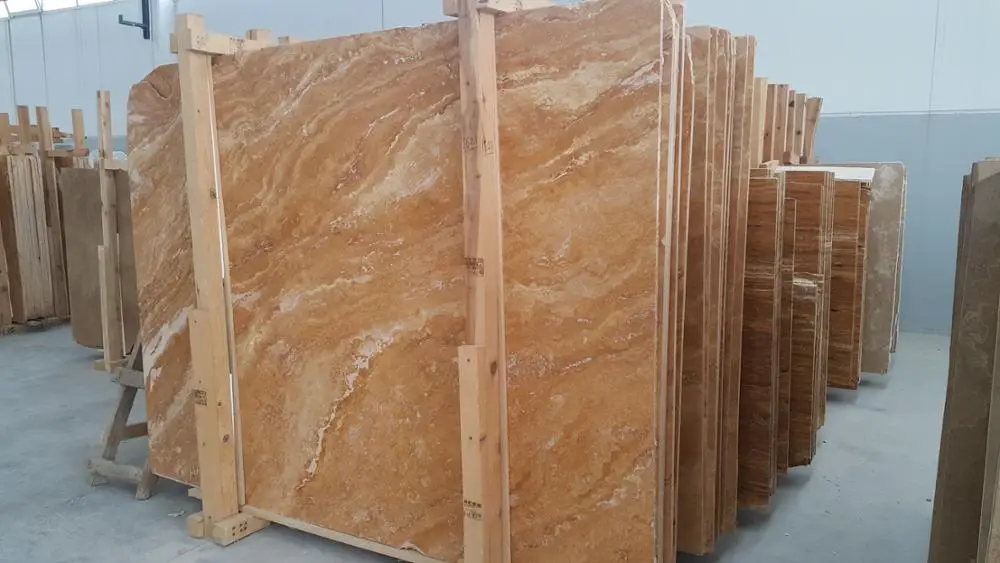 2023 Yellow Gold Travertine Filled & Honed Cross Cut Slab CEM-SLB-05-02 Natural Stone %100 Tiles Made in Turkey