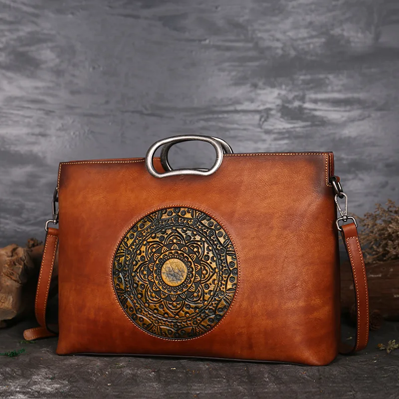 Retro Cow Leather Ladies Hand Bags Chinese Style Tote Handmade Bags Genuine Leather Handbags For Women