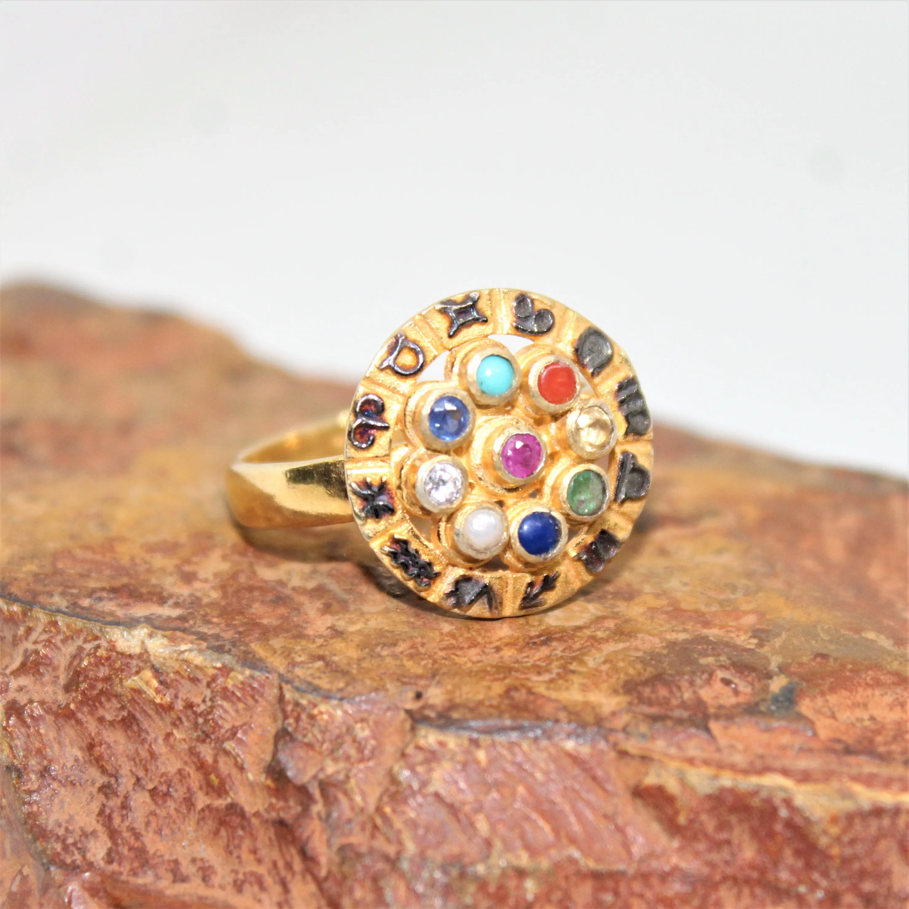 High Selling Navratna Jewelry 925 Sterling Silver Gold Plated and Black Rhodium zodiac sign Ring Wholesale Supply