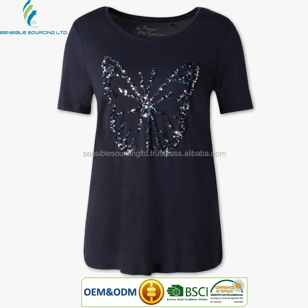 Ladies T-shirt with embellishments butterfly design 100% Cotton Fancy Design Bangladeshi Supplier