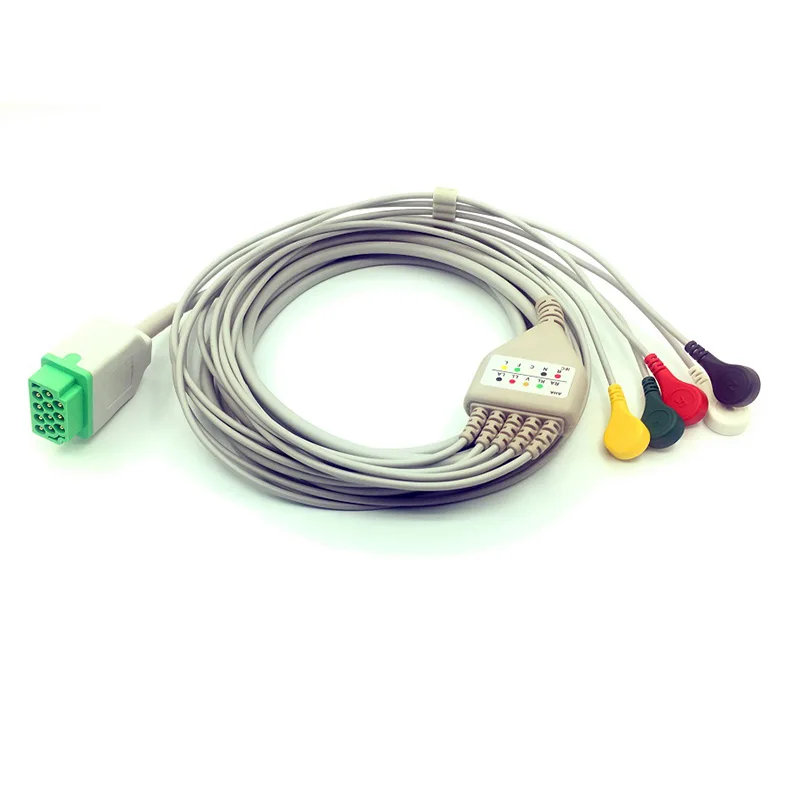 5 Snap-on lead ECG cardiac monitor cable with attachment snap connectors buttons electrode