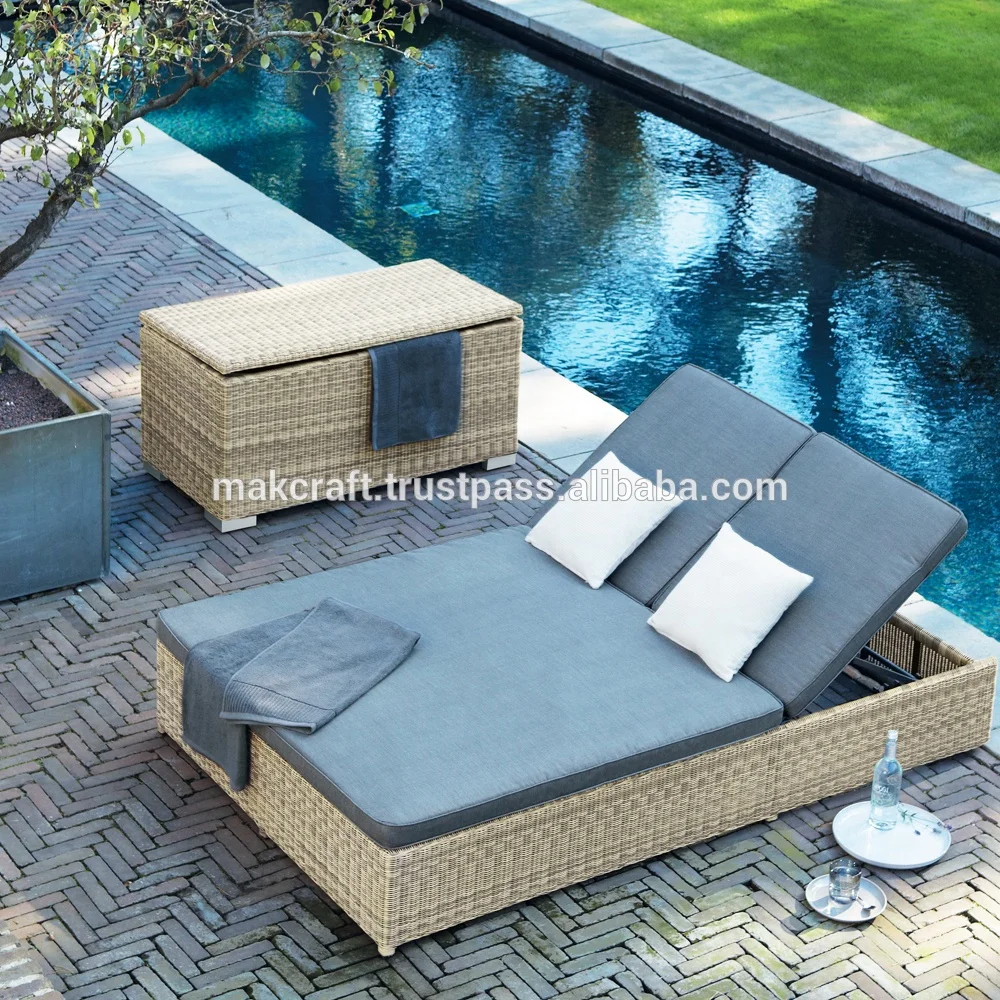 Wicker rattan outdoor patio aluminium double sun lounger - plastic beach chair- outdoor rattan pool sunbed for beach resort