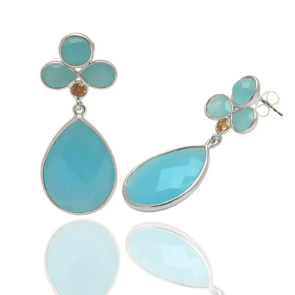 Wholesale Silver Jewelry Sitapura Jaipur Blue Chalcedony Gemstone 925 Sterling Silver Earrings