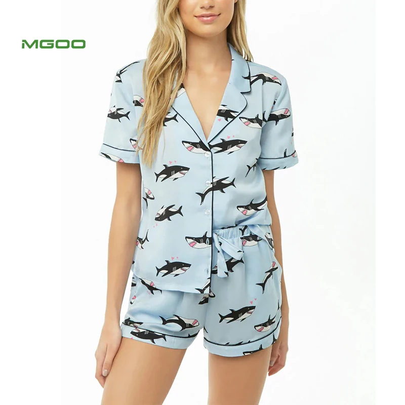 MGOO Customized Shark Graphic Pajama For Women Allover Print Short Casual Sleepwear Satin Nightwear With Piped Trim