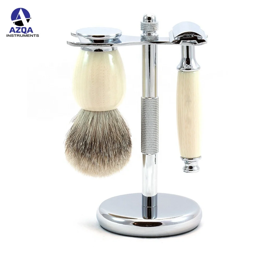 Stainless Steel stand of beauty care barber beard shaving tools stand 1 safety and 1 Safety Razor Wood Wet Shaving Tools