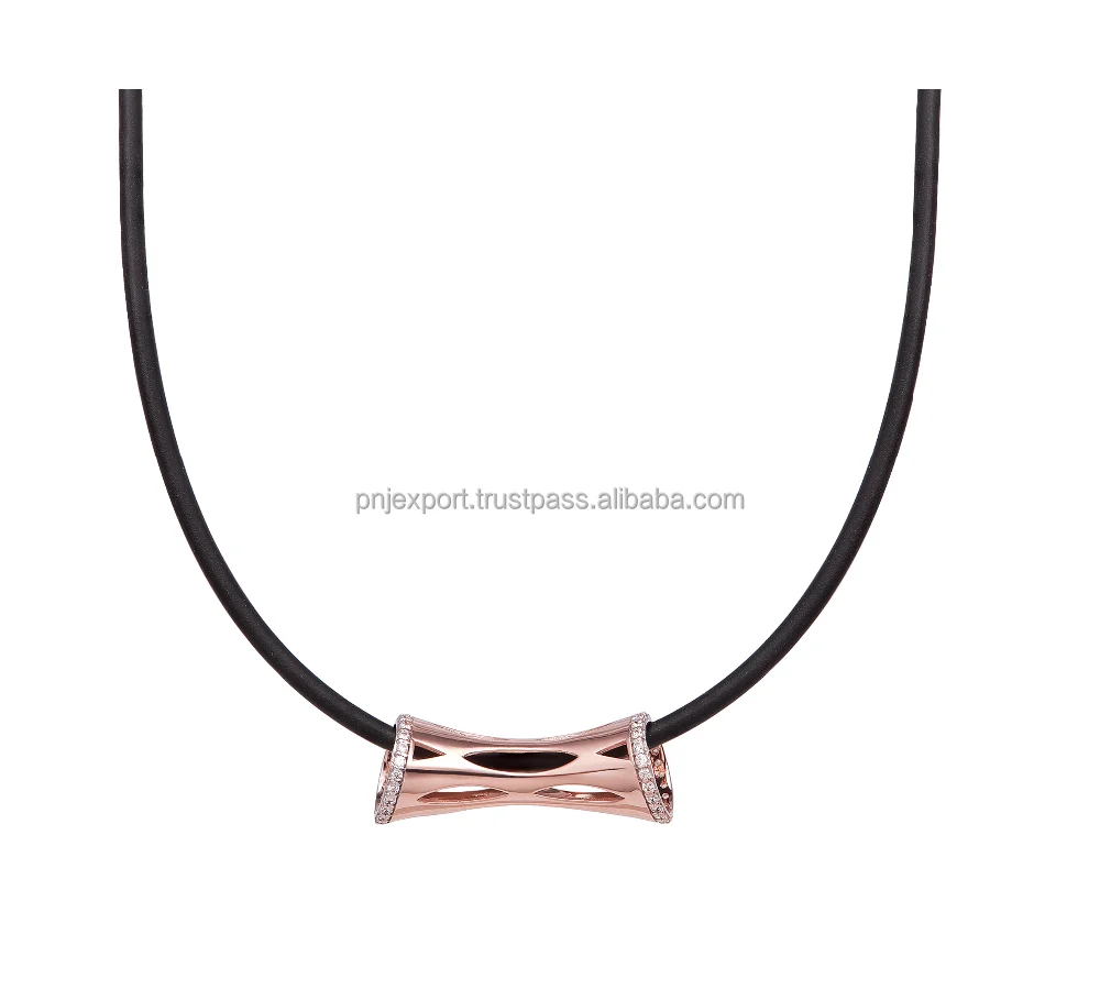 PNJ Brand 925 Sterling Silver Necklace with Black Rubber and Silver Charm Featuring Zircon for Gift-Handcrafted in Vietnam